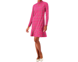 Isaac Mizrahi Plaid Jacquard Mock Neck Dress Hem -Flounce Red, MEDIUM - $29.69