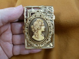 (CM12-7) Wavy hair woman brown CAMEO flower brass jewelry Pin Pendant JEWELRY - £27.40 GBP