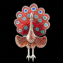 Gorgeous Sterling Silver Siam Colorful Peacock Enamel Brooch - $445.26