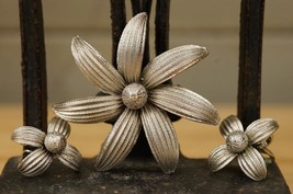Vintage Costume Jewelry Signed BERGERE Silver Flower Brooch Pin &amp; Clip Earrings - £30.40 GBP