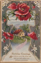 Birthday Greetings Poppies Landscape 1910 Hume MO Postcard E04 - $4.09 CAD