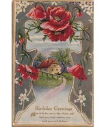 Birthday Greetings Poppies Landscape 1910 Hume MO Postcard E04 - $2.96
