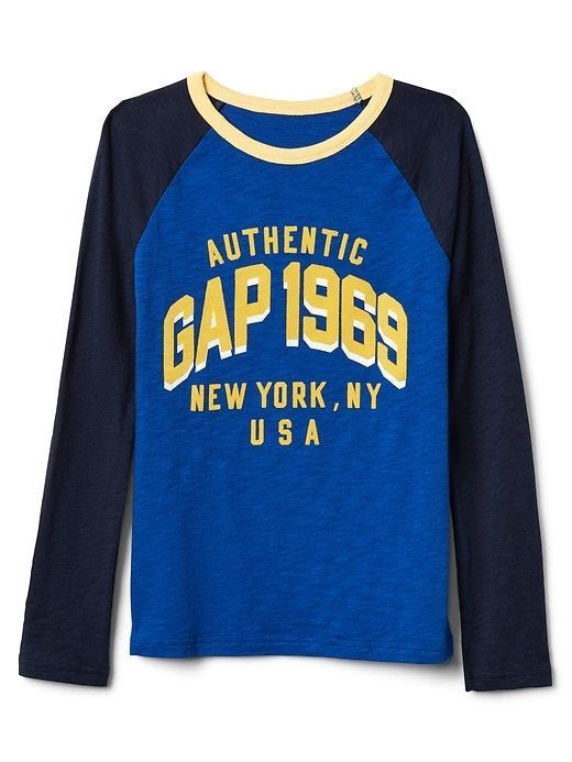 Gap Kids Boys Navy Blue Logo Graphic Raglan Long Sleeve Crew Neck T-shirt 6 7 - $17.77