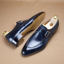 New Handmade Men&#39;s Navy Blue Leather Single Buckle Monk Strap Formal Dress Shoes - £102.84 GBP+