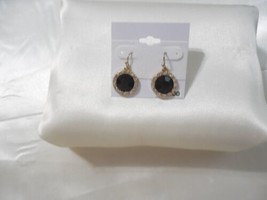 Department Store 1-1/8&quot; Gold Tone Pave Black Round Drop Fish Hook Earrin... - £9.77 GBP