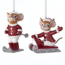 Kurt Adler Red &amp; White Christmas Mice Elf On Skis &amp; Sled Set Of 2 Xmas Ornaments - £14.76 GBP