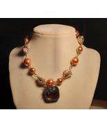 Orange Gold Accents Handmade Beaded Necklace With Vintage Sunstone penda... - £45.18 GBP