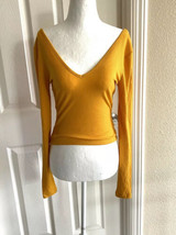 New Love Fire Nordstrom Double V-Neck Ribbed Long Sleeve Top Mustard Yellow - £14.03 GBP