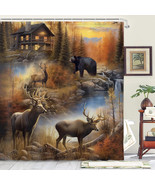 Cabin Bear Lodge Deer Forestry Stream Fabric Shower Curtain, Modern Rust... - $32.12 CAD