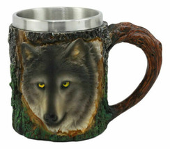 Woodland Animal Totem Spirit Gray Wolf Mug Textured With Rustic Tree Bar... - £19.97 GBP