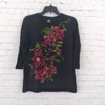 Alia Top Womens Medium Black Floral 3/4 Sleeve Rhinestone Bling T Shirt Pullover - £14.14 GBP