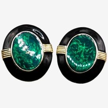 Vtg Style Women Earrings Statement Green Black Enamel Gold Tone Backing Oval  - £6.62 GBP