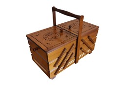Wooden sewing box with carved lids, light brown handmade jewellery casket wood - £94.27 GBP