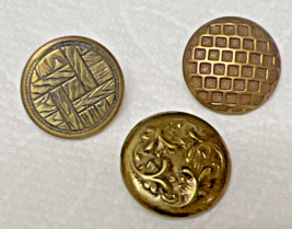 3 Antique Metal Buttons w Texture Design Wood Crisscross Feathery and Ho... - $10.40