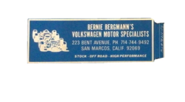 Bernie Bergmann&#39;s VW Volkswagen Motor Decal Sticker Original Vintage CA ... - $14.46
