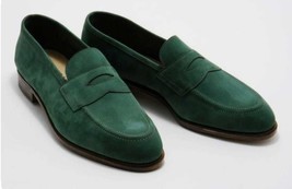 Men’s Green Suede Loafer Moccasin Formal Dress Black Sole Leather Handmade Shoes - £108.40 GBP