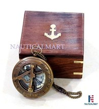 NauticalMart 3 Push Button Sundial Nautical Brass Compass With Chain/Wooden Case - £51.95 GBP