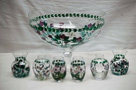 Vintage Punch Bowl w Six Glass Vases Dragonflies &amp; Purple Flowers Hand P... - £59.48 GBP