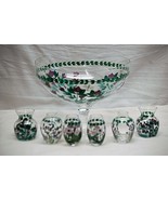 Vintage Punch Bowl w Six Glass Vases Dragonflies &amp; Purple Flowers Hand P... - £58.24 GBP