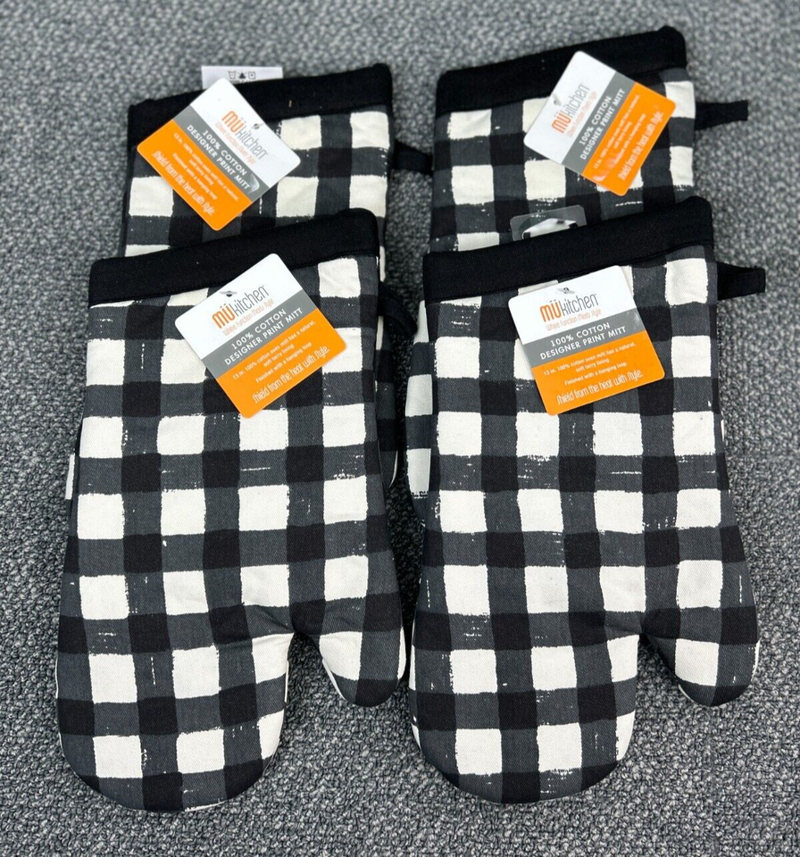 MU Kitchen Oven Mitt 2 Pair 4 Gloves Check Our Nest Cotton Thick Terry L... - $22.97