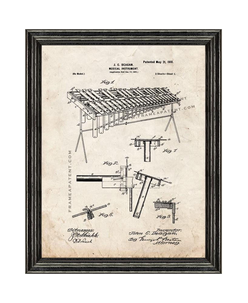 Marimba Patent Print Old Look with Black Wood Frame