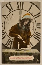 Antique 1909 Postcard Hand Colored Young Girl, Clock Bonne et Heureuse A... - $5.45