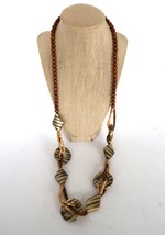 Vintage wooden beaded long necklace zebra stripe pattern geometric shapes - $19.99