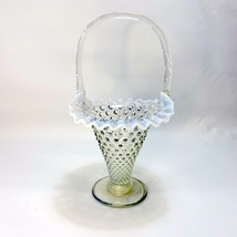 Vintage 40s French Opal Hobnail Ruffle Footed Handle Flower Basket 12" Sm Flaw - $44.55