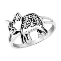 Charming and Adorable Elephant with Daisy Flowers Sterling Silver Ring - 9 - £14.07 GBP
