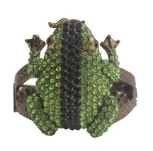 Rhinestone Crystal Bejeweled Frog Eating Worm Brass Cuff Bracelet 9&quot; EUC Green - £31.81 GBP