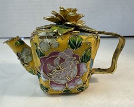 Cloisonné Miniature Teapot 3” Gold Rose Top Pink Sides Gold Gilding Missing Tag - £14.52 GBP