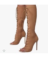 Lace Up Stiletto Heel Knee High Open Toe Boots In Nude Size 6 - $30.99
