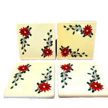 Vintage Christmas Poinsettia Ceramic Coasters Cork Backed 3.75&quot; Set of 4 - £11.41 GBP