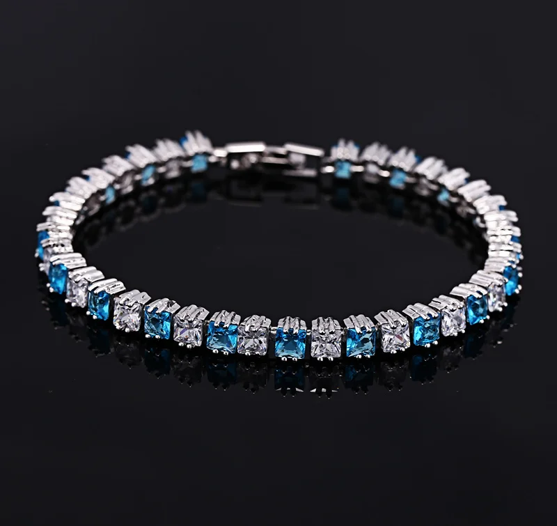 Elegant Princess Cut Light Blue CZ Crystal Tennis Bracelets Bangles for Women An - £18.09 GBP