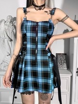 Gothic Plaid Bandage Black &amp; Blue Dress Vintage Sleeveless Punk Sexy Min... - $35.68