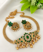 Bollywood Style Gold Plated Indian Choker Necklace Green Temple Jewelry Set - £15.00 GBP
