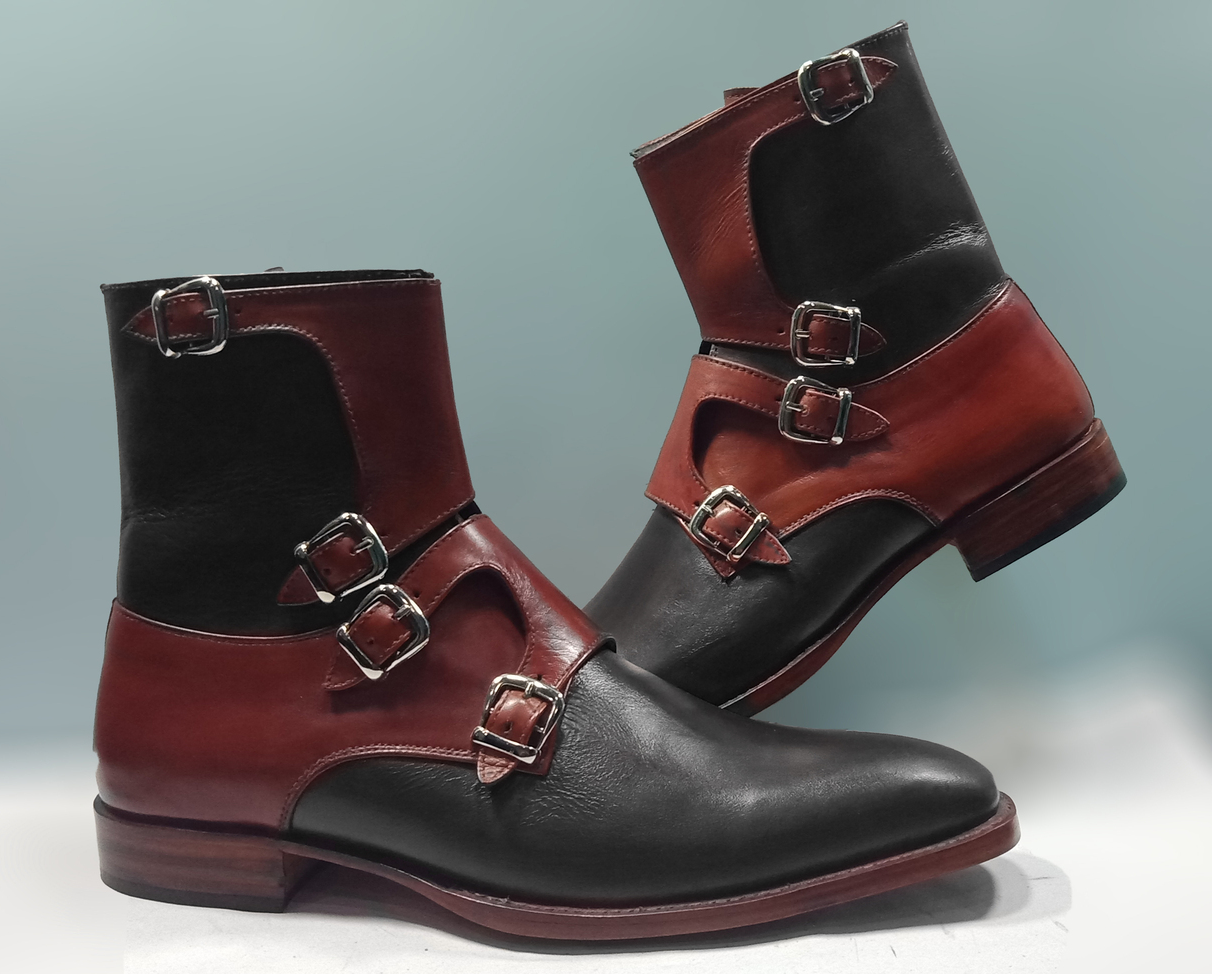 Men Two Tone Black Maroon Ankle Monk Tetra Buckle Straps Leather Boot US 7-16