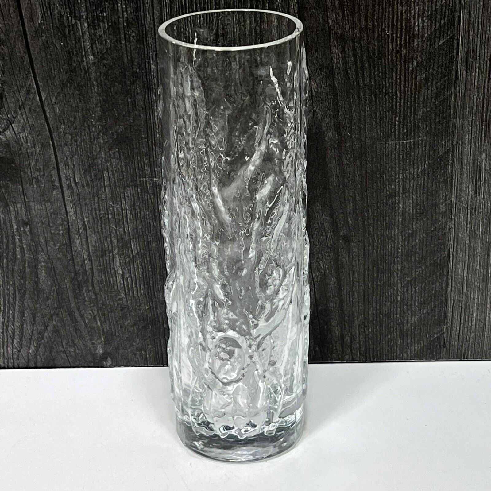 Primary image for VTG MCM Clear Textured Bark Seaweed Art Glass 9" Cylindrical Vase 
