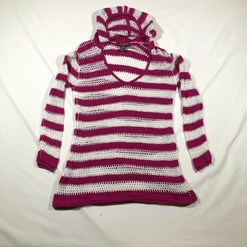 Tommy Bahama Hoodie Sweater Womens XS Pink White Striped Open Knit Cotton - $17.81