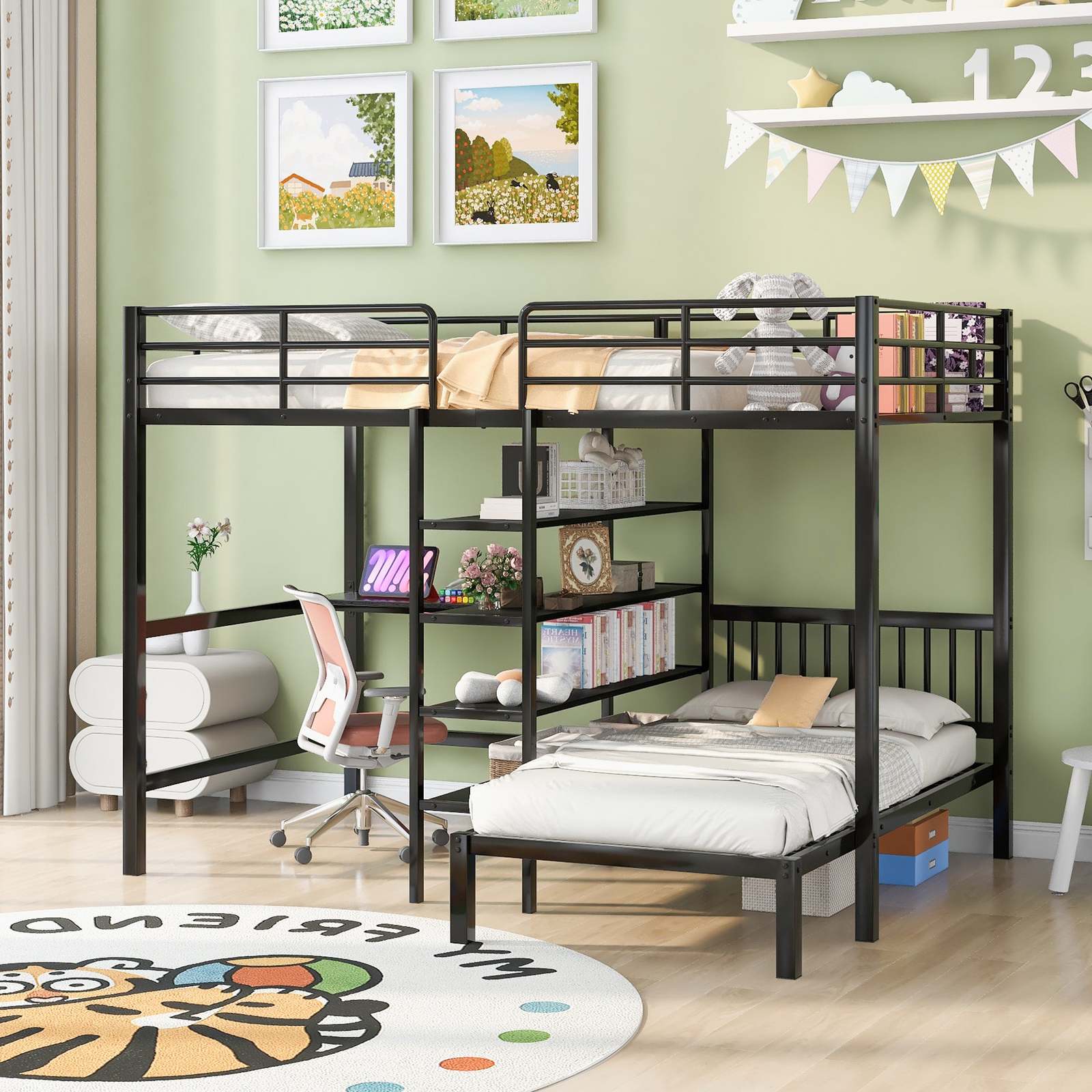 Black Full Over Twin Metal Bunk Bed with Desk, Shelves, Ladder - Beds ...