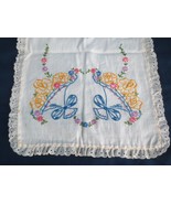 Vintage Dresser Scarf Table Runner Embroidered basket flowers lace edge 37&quot; - £11.86 GBP