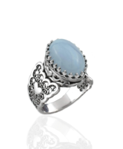 Blue Lace Agate Gemstone Double Heart Detailed Filigree Art 925 Sterling Silver  - £30.96 GBP