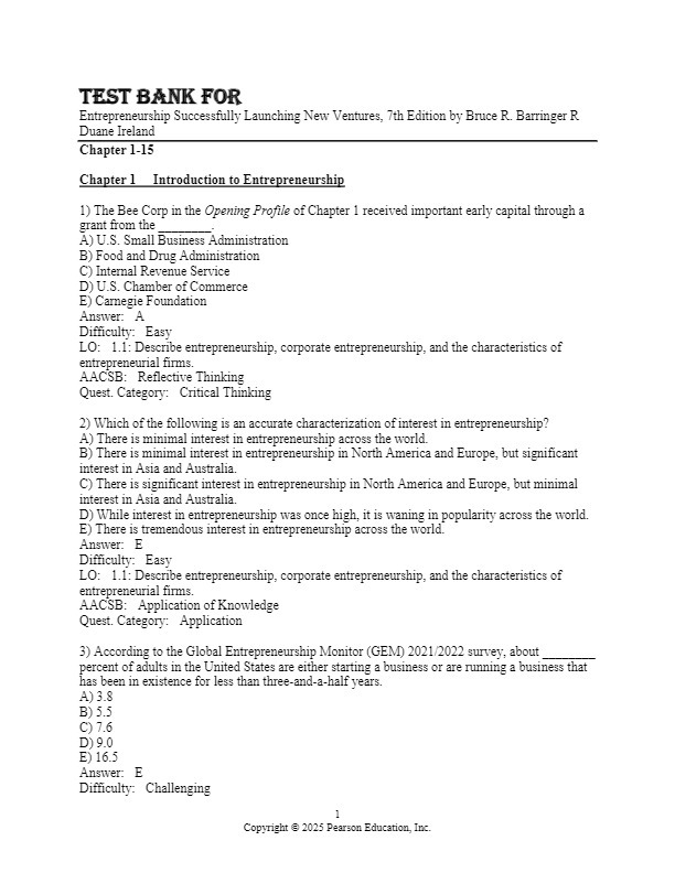 Test Bank For Entrepreneurship Successfully Launching New Ventures, 7th ... - $17.99