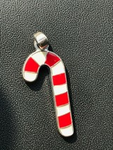 Estate Red &amp; White Enamel Striped Silvertone Candy Cane Pendant – 1 and 1/8th’s - £6.06 GBP