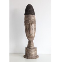 African Carved Wood Bust, Tall, Applied Fibre Coiffure, Distressed, Vintage - $47.42