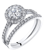 14K White Gold Halo Engagement Ring &amp; Wedding Band Bridal Set - $902.67 CAD