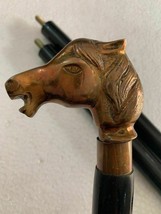 Antique Brass Horse Head Solid Handle Walking Stick Wooden Spiral Carved Cane - £29.20 GBP