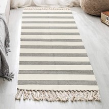 Stripe Boho Rug Runner 2&#39; X 4.3&#39;, Kimode Farmhouse Cotton Woven Small, Cream - £24.67 GBP