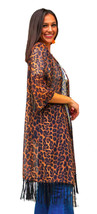 Kimono Leopard with Black Fringe Sheer Mid Length Vest US Size Medium - £15.49 GBP