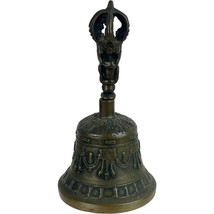 Vintage Tibetan Brass Hand Bell 5&quot; Intricate Carvings Meditation Ritual ... - $18.50